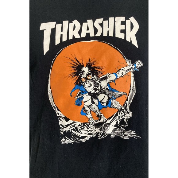 Thrasher Magazine Pushead SKATE OUTLAW LOGO Skateboard T Shirt Size S BLACK EUC - Picture 4 of 10